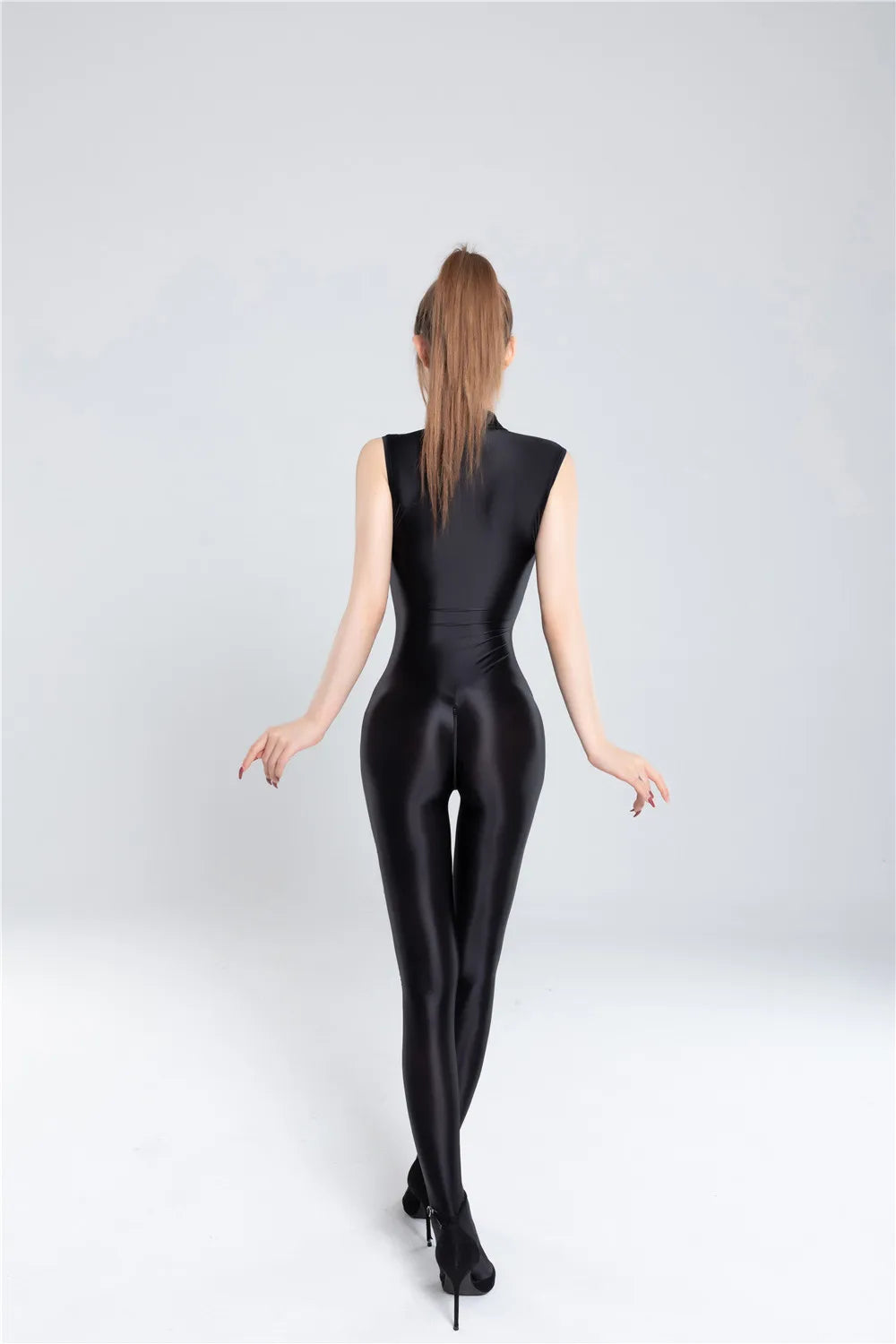 Zipper Open Crotch Sleeveless Jumpsuit Shiny Glossy Smooth Sheer See Through Bodysuit Sexy Bodycon Shapping Onesie Women Badiee Stylez