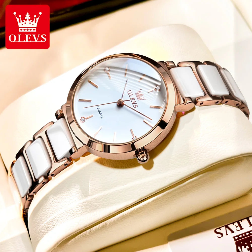 OLEVS Luxury Brand Women Watches Ceramic Tape Japanese Movement Quartz Watch for Lady Gift Bracelet Fashion Versatile Exquisite white CHINA
