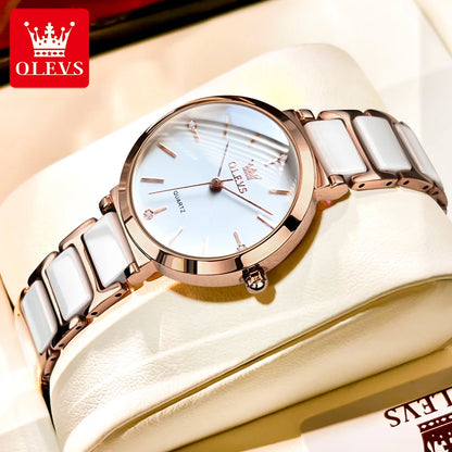 OLEVS Luxury Brand Women Watches Ceramic Tape Japanese Movement Quartz Watch for Lady Gift Bracelet Fashion Versatile Exquisite white CHINA