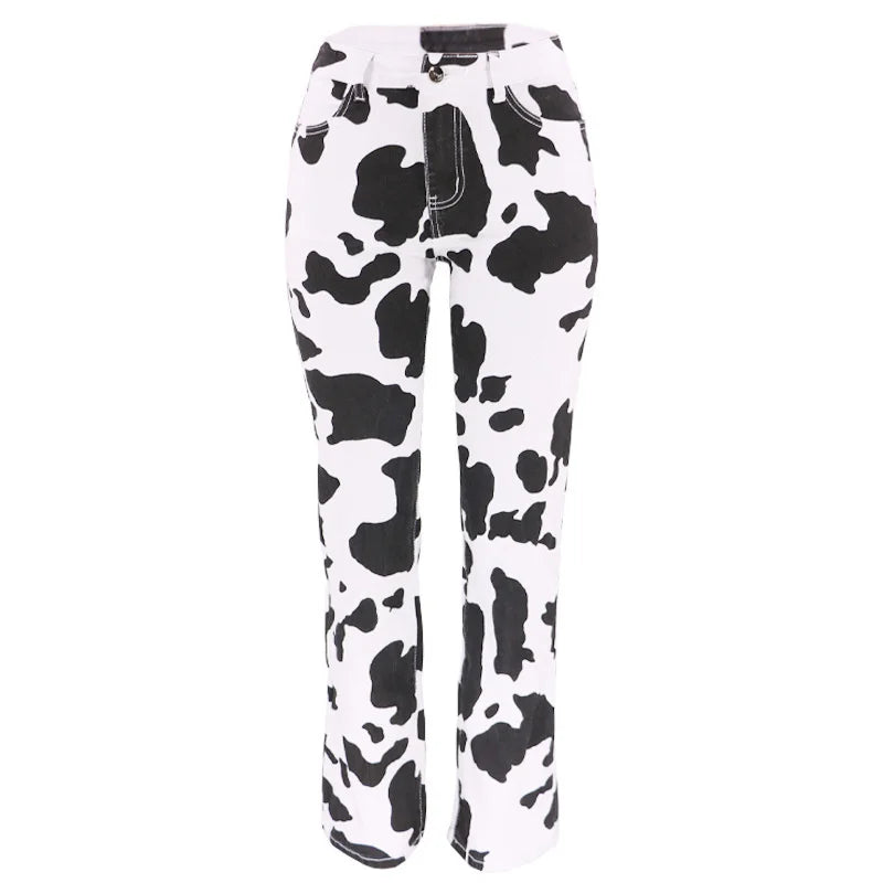 Cow Print High Waist Straight Jeans Women New Comfortable Casual Denim Pants Female Four Seasons Trousers 2024 Trend Streetwear