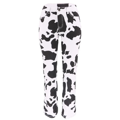 Cow Print High Waist Straight Jeans Women New Comfortable Casual Denim Pants Female Four Seasons Trousers 2024 Trend Streetwear