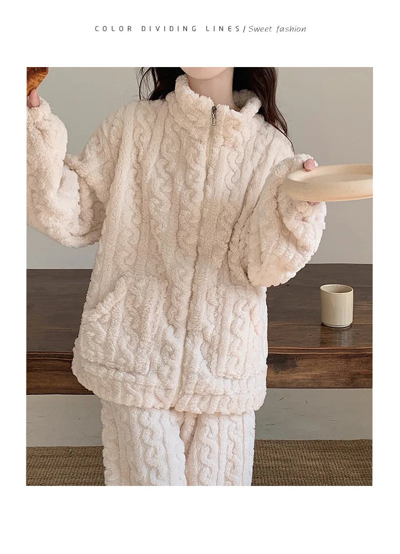 Large Size Flannel Pajamas Set Autumn Winter Female Sleepwear Trouser Suit Thicken Coral Fleece High Collar Lounge Wear Homewear