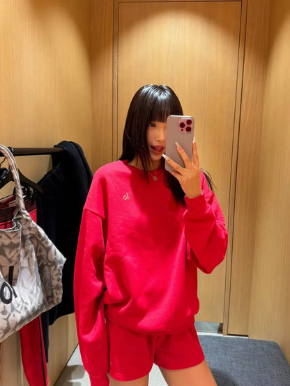 Fashion Trends Solid Long Sleeves Top Spring Black Red Round Neck Sweatshirts Simple Classic Letter Loose Casual Sports Top Red