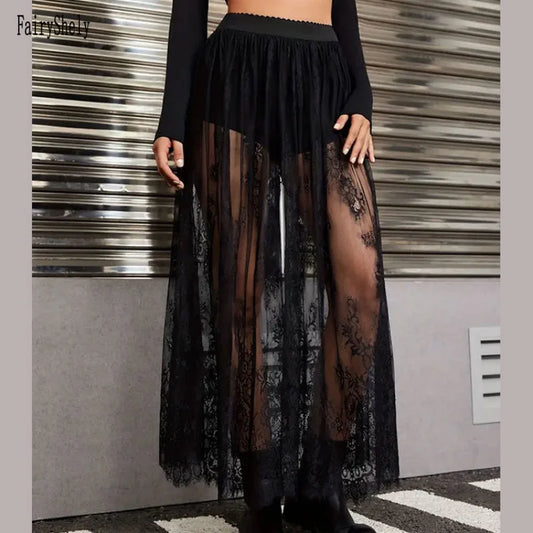 Y2k Black Mesh Long Gothic Skirt Women 2025 Summer High Waist Transparent Maxi Skirt With Shorts Lady Sexy White Lace Goth Skirt