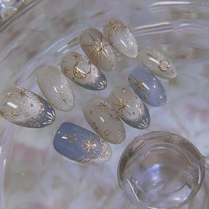 24pcs Romantic Y2k Star Press On Nails Gradient Blue French Style Gold Moon Designs Fake Nail Sweet Almond False Nails For Women Y2