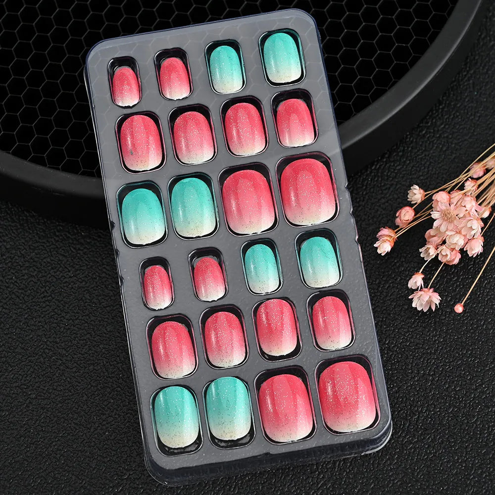 24Pcs Children Cartoon Nail Tips Colorful Cute Rabbit Pink Stars 6-14 Years old Girl Fake Nail With Jelly Glue Kids False Nail TD060-08