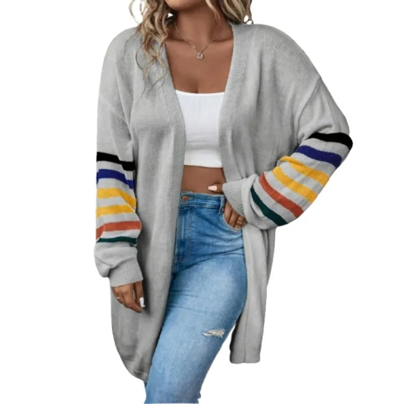 Plus Size Women's Fashionable Sleeve Striped Print Comfortable Elastic Hem Long Cardigan