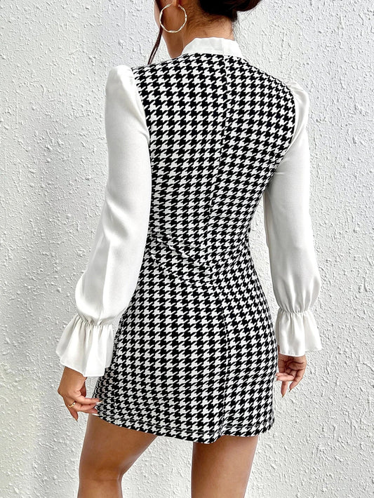 Sexy Temperament New Color Contrast Print Casual Summer Bow Tie Slim Long-sleeved Dress Badiee Stylez