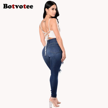 Botvotee Ripped Skinny High Waisted Pencil Jeans for Women Casual Y2K Streetwear Denim Pants Dark Blue Elastic Jeans Woman - Badiee Stylez