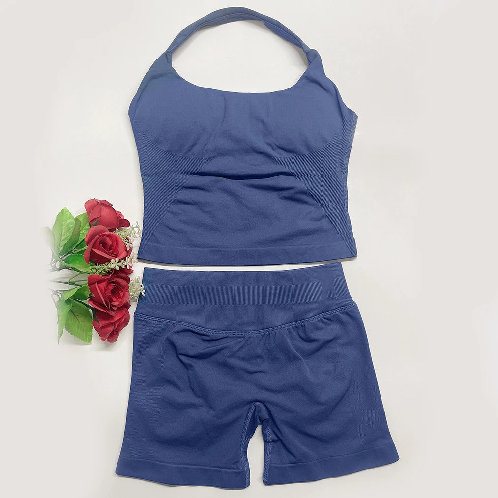 two piece DF yoga clothing set outfits woman yoga Impact Halter Top and spors shorts 4.5 inch Gym workout sets pilates clothes Badiee Stylez