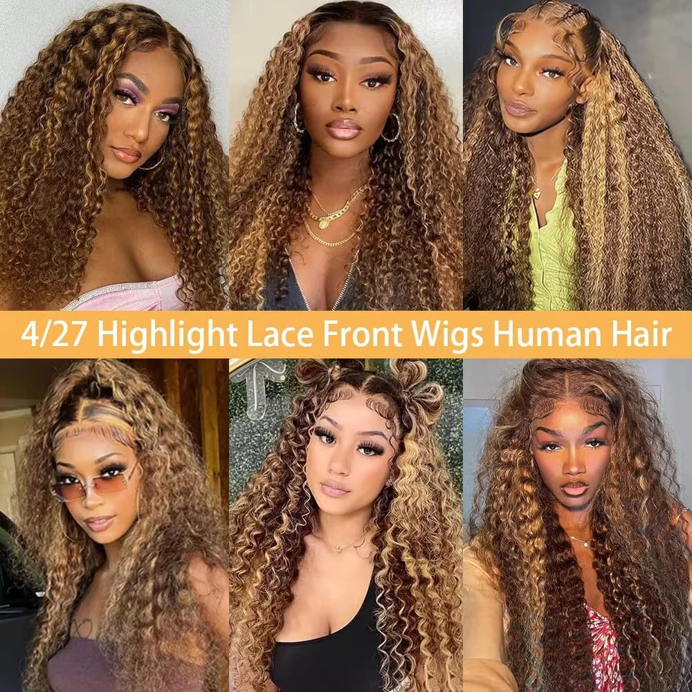 Water Wave 30 Inch Invisible Strap 360 Full Lace Front Wig Honey Blonde Highlight Deep Wave Frontal Wig Glueless Wig Human Hair