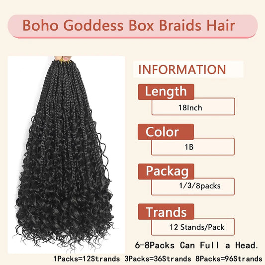 14/18/24 Inch Goddess Box Braids Crochet Hair Pre Looped Boho Crochet Box Braids With Curly Ends Synthetic Hair