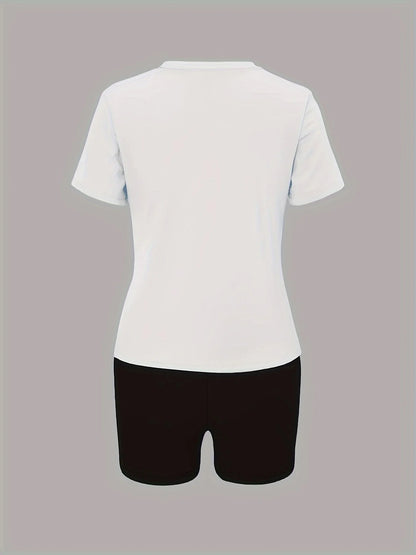 Women's summer casual loose fit large size Leopard Lips print round neck short sleeved T-shirt+shorts two-piece set