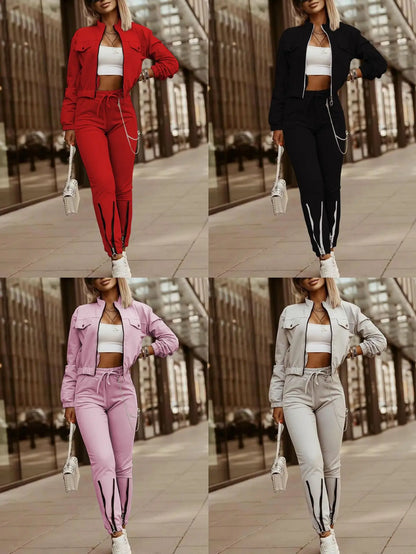 Women's Spring Summer New Fashionable Zipper Design Long Sleeve Top+Drawstring Pants Casual Two Piece Pants Set