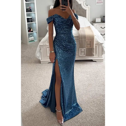 Womens Dresses New Party Sequin One Line Neckline Slit Dress Casual Fashion Dress for Women Malachite Blue