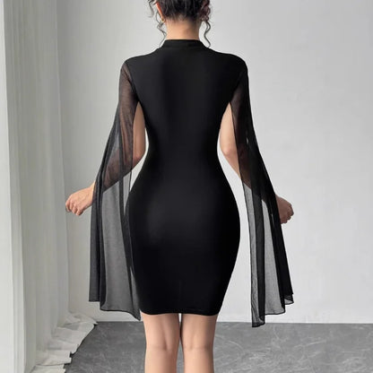 Sexy Elegant Evening Party Dresses Round Neck Pit Stripe Pearl Chiffon Cape Sleeve Wrapped Hip Dress New Fashion 2025 Casual