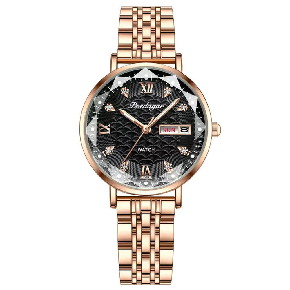 POEDAGAR Original Luxury Women Watch Week Date Waterproof Luminous Stainless Steel Woman Watches Simple Trendy Ladies Wristwatch Rose Gold Black S