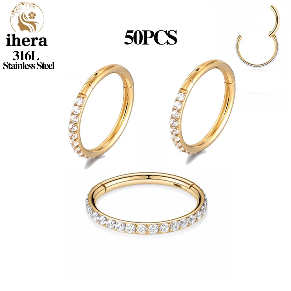 316L Stainless Steel Zircon CZ Hinged Segment Nose Septum Clicker Ring Round Earrings Hoops Ear Tragus Helix Piercing Jewelry 50PCS Gold Color CHINA