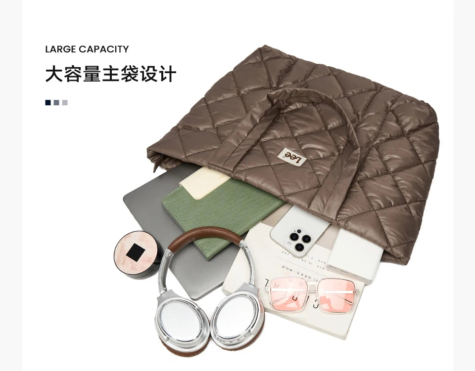 LEE Large Soft Puffer Bag Women Big Size College Students Laptop Book Quilted Tote Bag Lady Down-filled Shopping School Bags