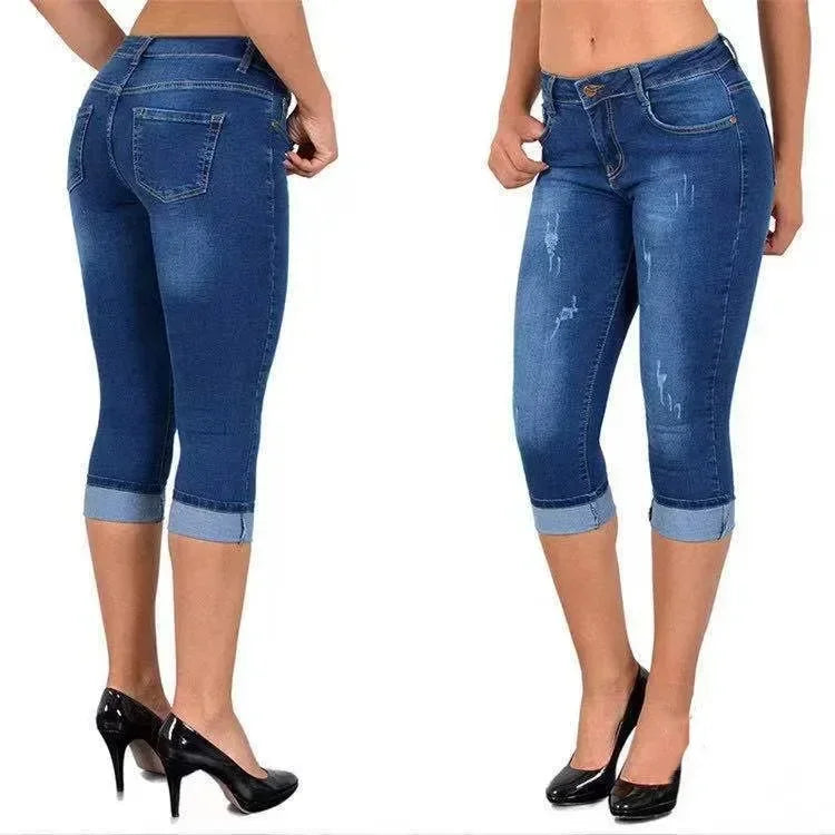 2025 Women's Summer Skinny Denim Pants Jeans Mid Waist Stretch Capri Pants Knee Length Trousers Black Blue Ladies Pencil Pants Blue