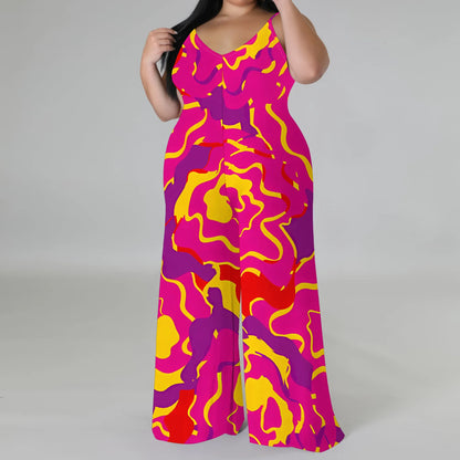 Plus Size Spaghetti Strap Jumpsuit Pink Yellow Abstract Print Wide Leg Summer Romper for Women