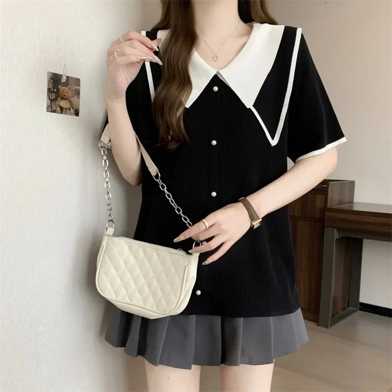 Plus Size Summer Knitted Short Sleeve T-Shirt Double Collar Polo Neck Loose Fit Meat Concealing Top for plus Size Women