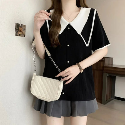 Plus Size Summer Knitted Short Sleeve T-Shirt Double Collar Polo Neck Loose Fit Meat Concealing Top for plus Size Women