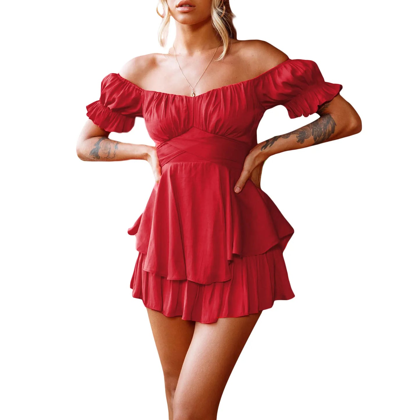 Women s Boho Off Shoulder Romper Double Layer Ruffle Hem Lantern Long Sleeve Waist Tie Back Chiffon Short Jumpsuits C-Red
