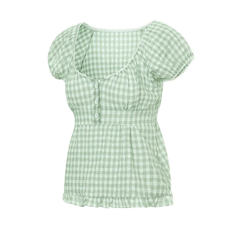 Womens Y2k Fairy Grunge Shirts Square Neck Short Sleeve Lace Patchwork Crop Top Vintage Aesthetic Clothes