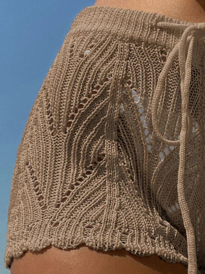 Polyester100.00% Hollow Drawstring Open Waist Knitted Bikini Blocked Women's Shorts