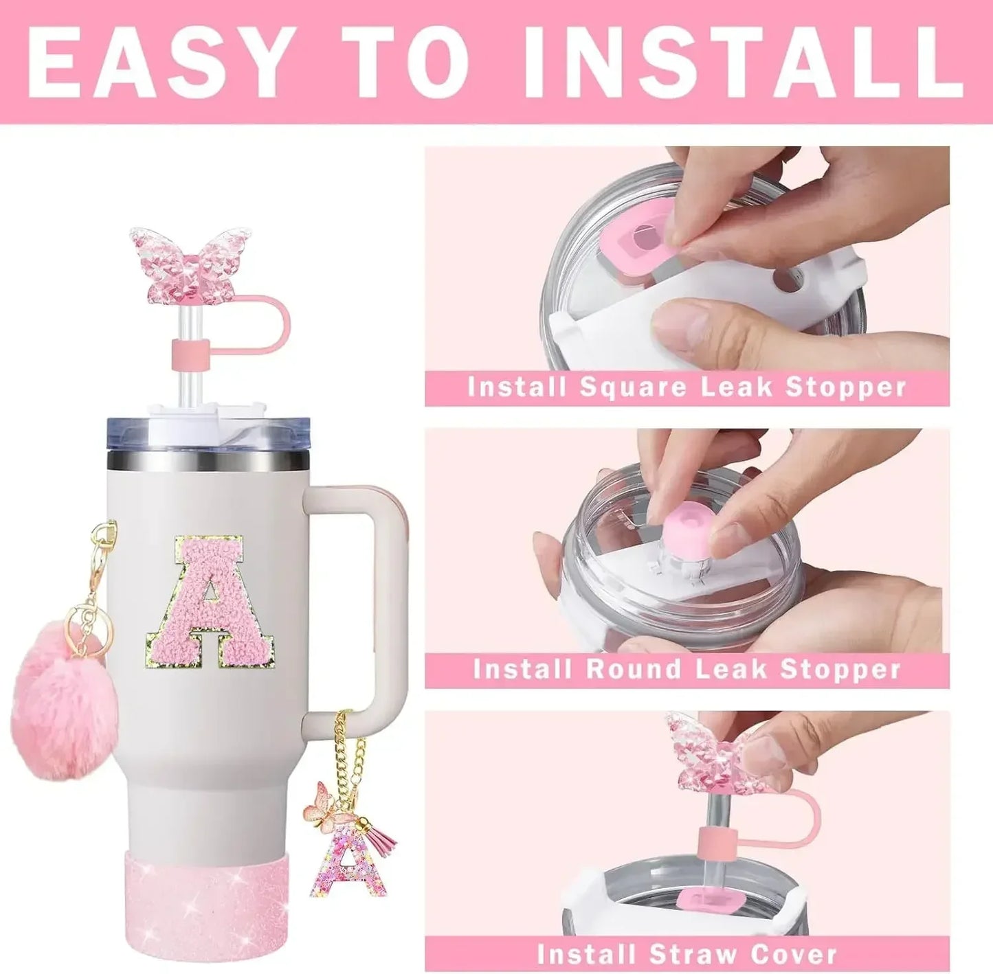 9PCS Accessory Set for Stanley Cup 30oz 40oz Butterfly Straw Cover Cap Silicone Boot Charm Initials Sticker Spill Proof Stopper Badiee Stylez