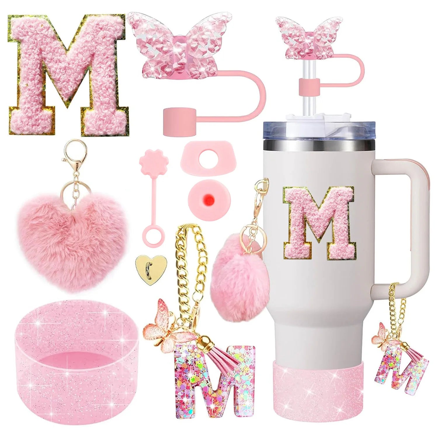 9PCS Accessory Set for Stanley Cup 30oz 40oz Butterfly Straw Cover Cap Silicone Boot Charm Initials Sticker Spill Proof Stopper Badiee Stylez