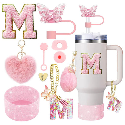 9PCS Accessory Set for Stanley Cup 30oz 40oz Butterfly Straw Cover Cap Silicone Boot Charm Initials Sticker Spill Proof Stopper Badiee Stylez