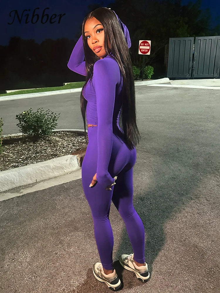Nibber Sporty Casual 2 Piece Set Women Tracksuit Hooded Zip Crop Tops+Leggings Fitness Soft Stretch Streetwear Activity Suit PURPLE