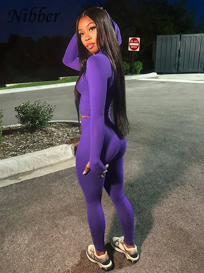 Nibber Sporty Casual 2 Piece Set Women Tracksuit Hooded Zip Crop Tops+Leggings Fitness Soft Stretch Streetwear Activity Suit PURPLE