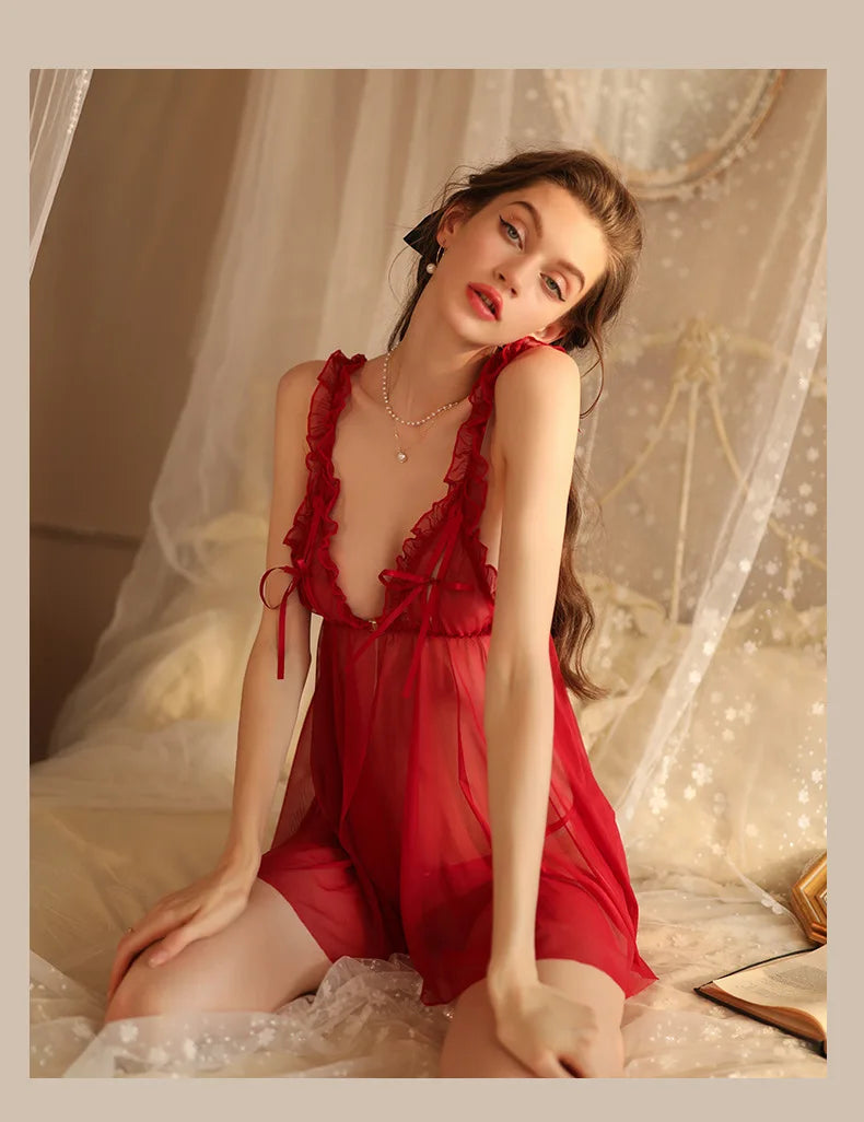 Sexy Lace Lingerie Women's Summer Thin Transparent Tops Gauze Attractive Home Clothes Temptation Women Pajamas Set Nightgown