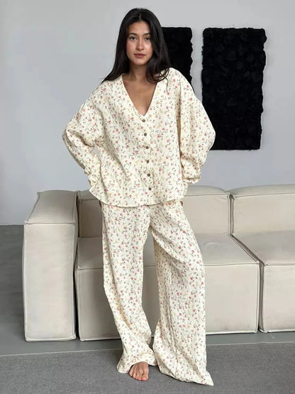 Muzuleva 100% Cotton Printed Cardigan Pajama Set Women's New Autumn Long Sleeved Pants Pajamas Loose Home Clothing 2-piece Set