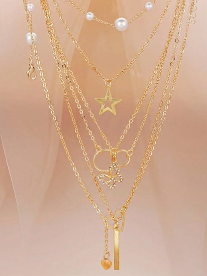 86pcs/Set Elegant Pearl Earrings Multi-Layered Necklace Ear Studs Rings 4-In-1 Jewelry Set For Women Daily Wear Gift (No Box) Badiee Stylez