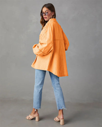 2025 Spring Autumn Shirt Style Denim Jacket Women Holes Raw-edges Jeancoat Casual Tops Female Oversize Loose Outerwear 7 Colors