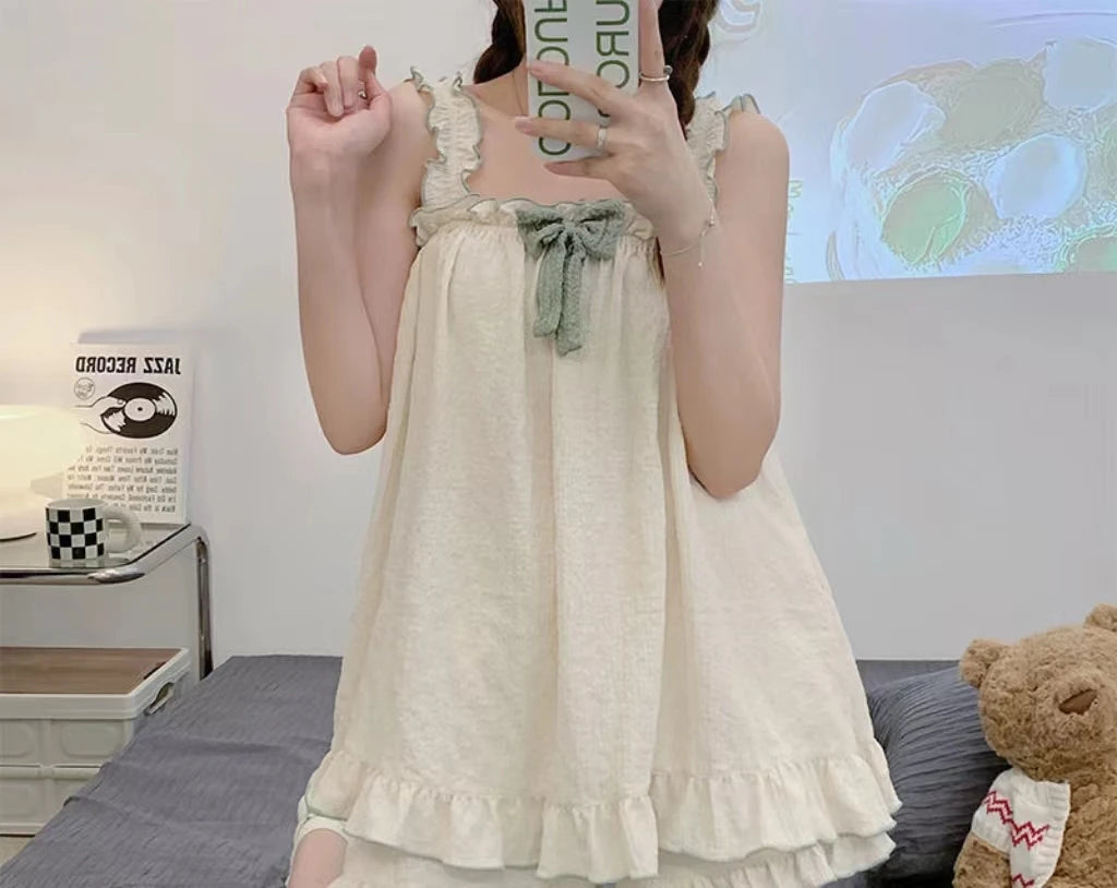 Pajamas Women Summer Sling Pajamas Homewear Set Sleeveless Shorts Simple Cute Ladies Student Pajamas Bubble Cotton Homewear Green8804