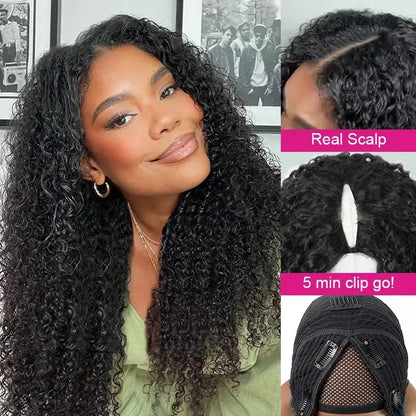 Glueless Kinky Curly V Part Wig Human Hair No Lace Wig Deep Wave Frontal Wig Water Wave Human Hair Wig Brazilian Hair For Women Badiee Stylez