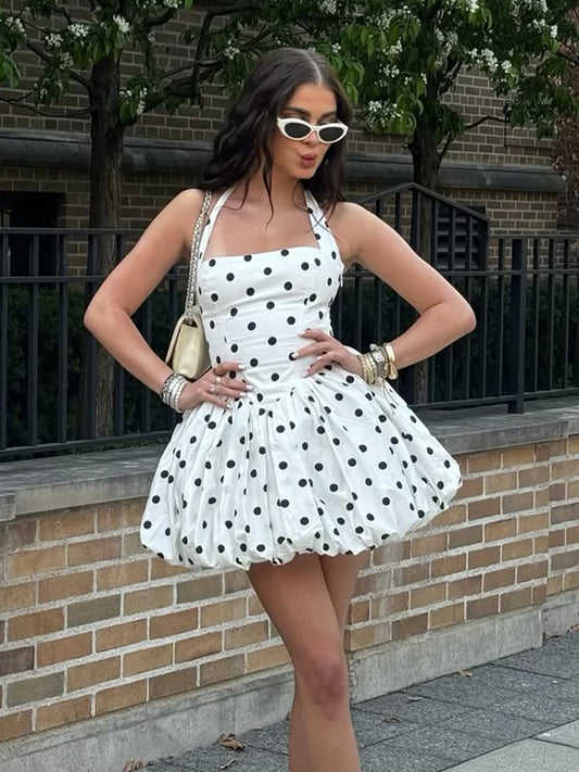 TARUXY Polka Dot Vacation Mini Dress For Women High Waist A-line Ball Gown Dress Sleeveless Halter Neck Female Summer Fashion