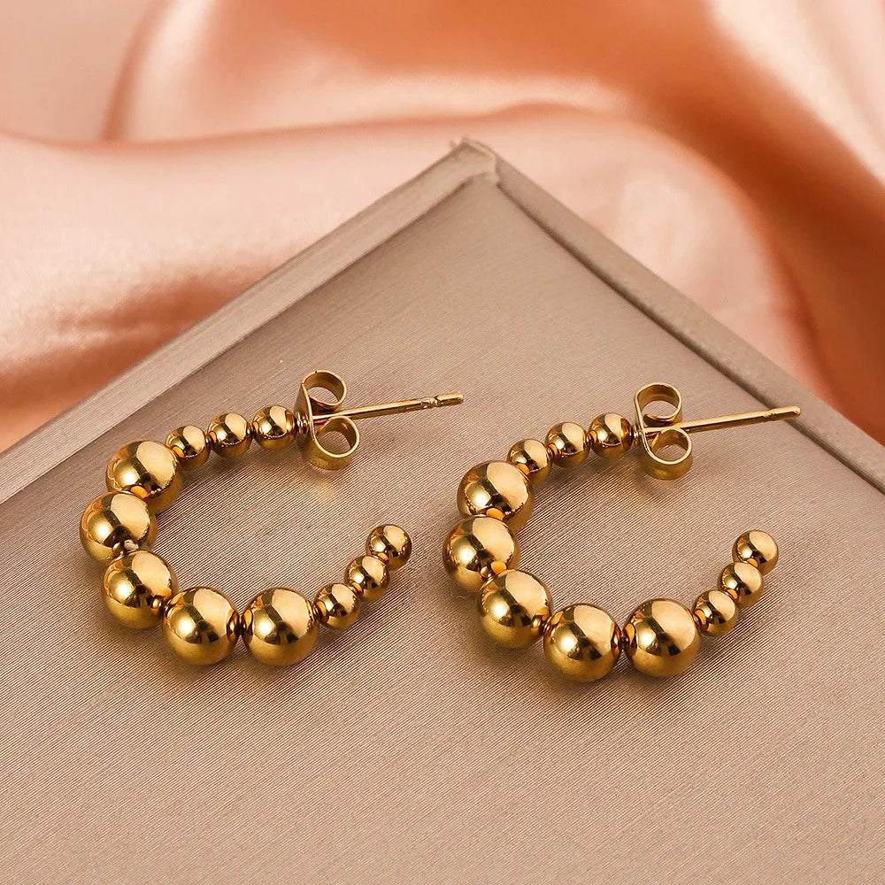 Stainless Steel Women's Hoop Earrings, Non Fading Fashionable Gold Color Metal Bead Earrings, Classic Jewelry Accessories