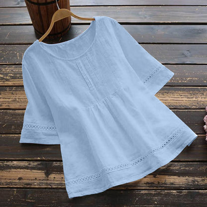 Fashion O-neck Short Sleeve White Lace Tops And Blouses Women 2024 Summer Loose Casual Cotton Linen Top Femme Blouse Shirt Woman
