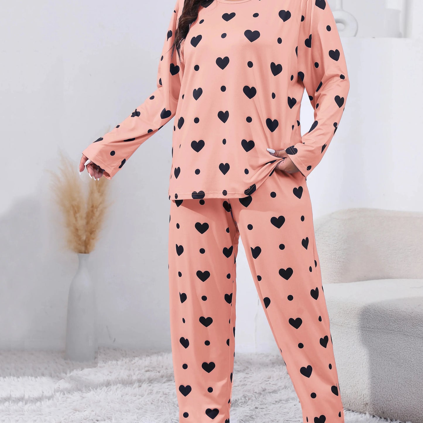 Plus Size Women's Heart Print Long Sleeve T-Shirt And Pants With Elastic 2pc Pajama Set,Women Round Neck Top and Trouser Pajama orange pink