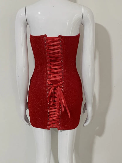 Sexy Strapless Bright Silk Lace-up Mini Dress Women Red Black Sleeveless Backelss Bodycon Dresses Evening Party Cocktail Gowns