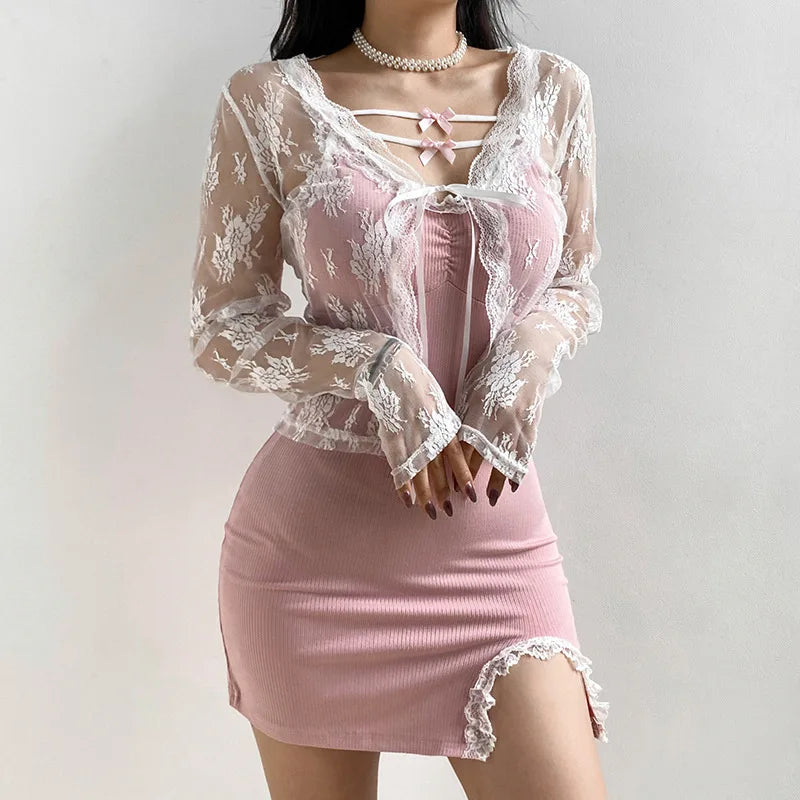 Women Sexy See Through Cardigans Y2K Long Sleeve Lace Mesh Lace Vintage Lace Tie Up Floral Crop Tops Streetwear Cardigans