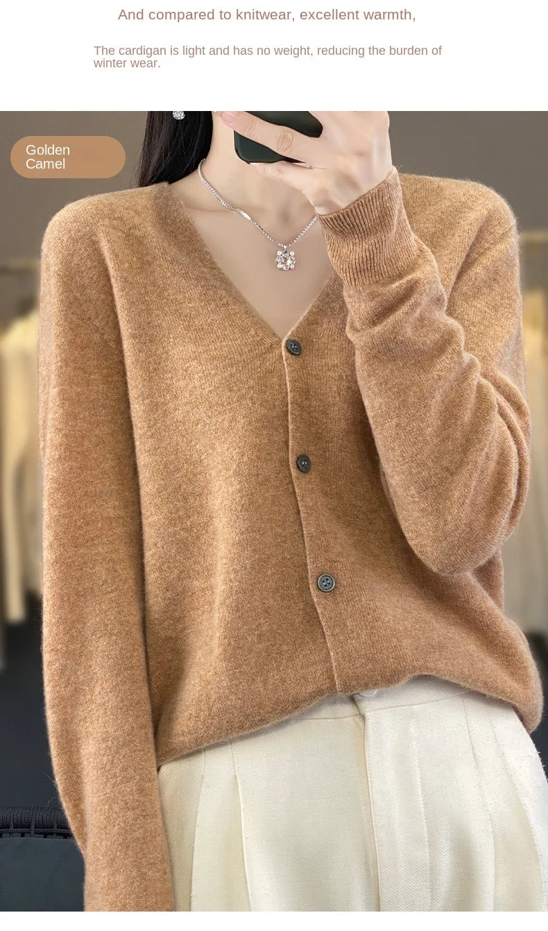 100 Merino Wool Knitted V-neck Sweater Women's Top Loose Korean Version Fashionable Versatile Autumn And Winter Cashmere Sweater