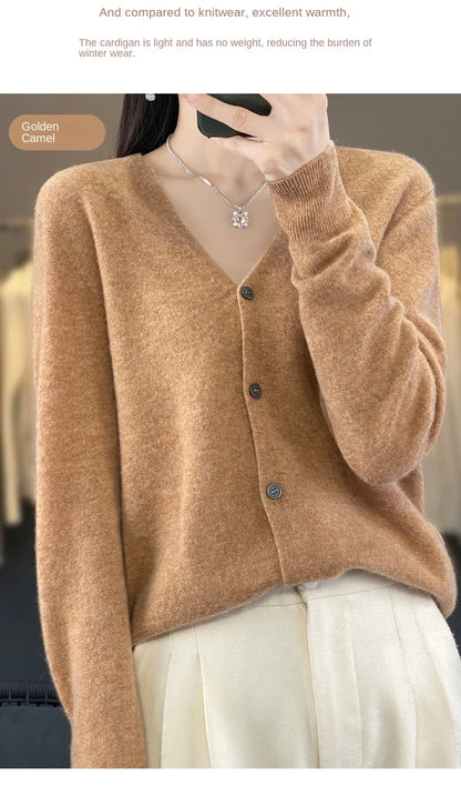 100 Merino Wool Knitted V-neck Sweater Women's Top Loose Korean Version Fashionable Versatile Autumn And Winter Cashmere Sweater