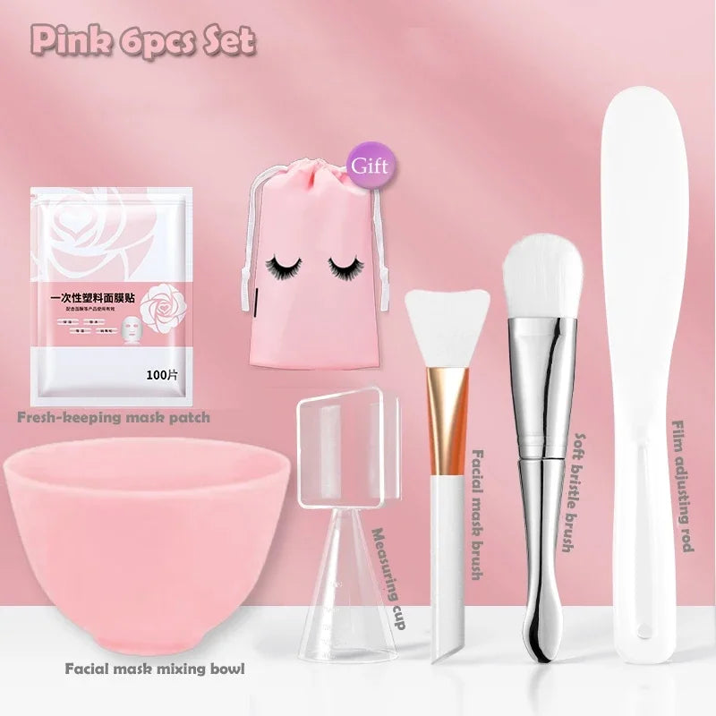 Silicone Face Mask Mixing Bowl Set Mixing Stick Spa Tool Beauty Salon Bowl Spoon Mask Mud Film Brush Silicone Facial Skincare Pink-6pcs